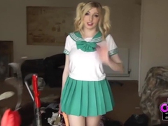 KiloVideos presents: Costume babe in a miniskirt fucks a toy outdoors