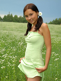 KiloVideos presents: Marvelous nude babe with two pretty ponytails has a walk in the field of chamomiles and fondles her tender skin with them.