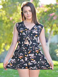 KiloVideos presents: Svelte american dark-haired teen Kylie Quinn in shorts toys her twat outdoor
